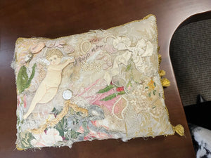 Antique Ribbon Lace & Angel Custom Pillow Signed S. Alberti