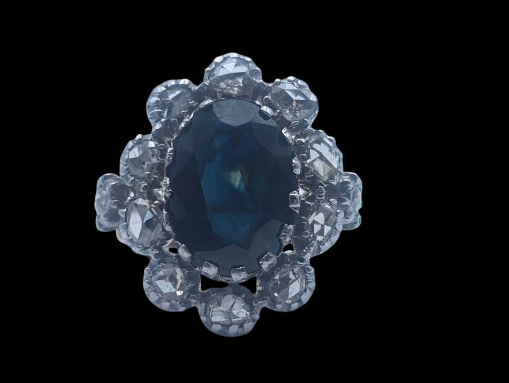 Ring 8k Yellow Gold & Silver Large Oval Cut Sapphire & Rose Cut Diamonds