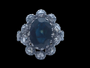 Ring 8k Yellow Gold & Silver Large Oval Cut Sapphire & Rose Cut Diamonds