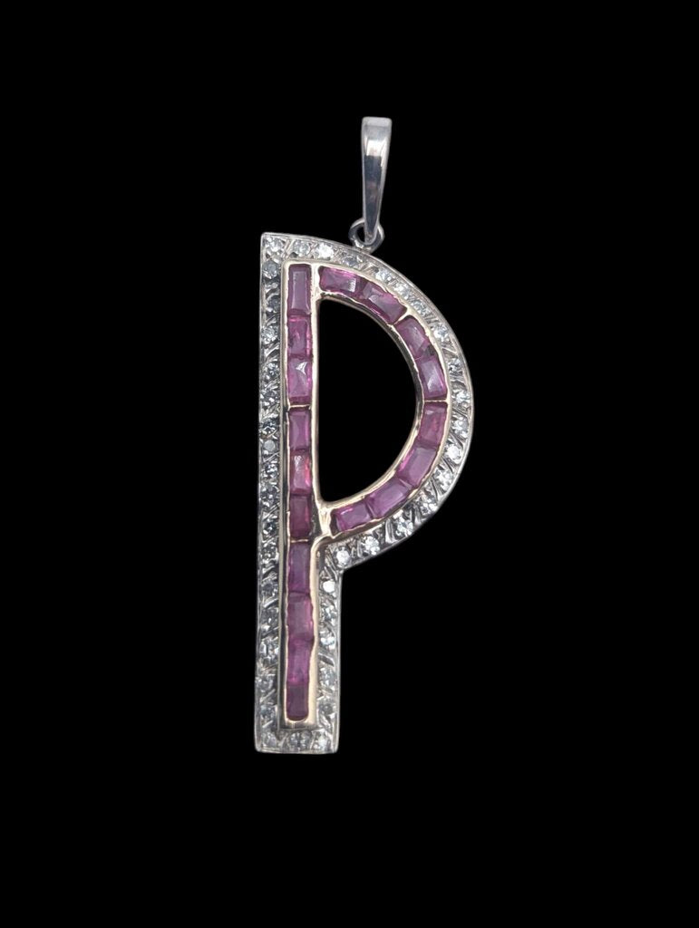 Pendant 'P' AG, AU, PD, CU w, Diamonds & Rubies