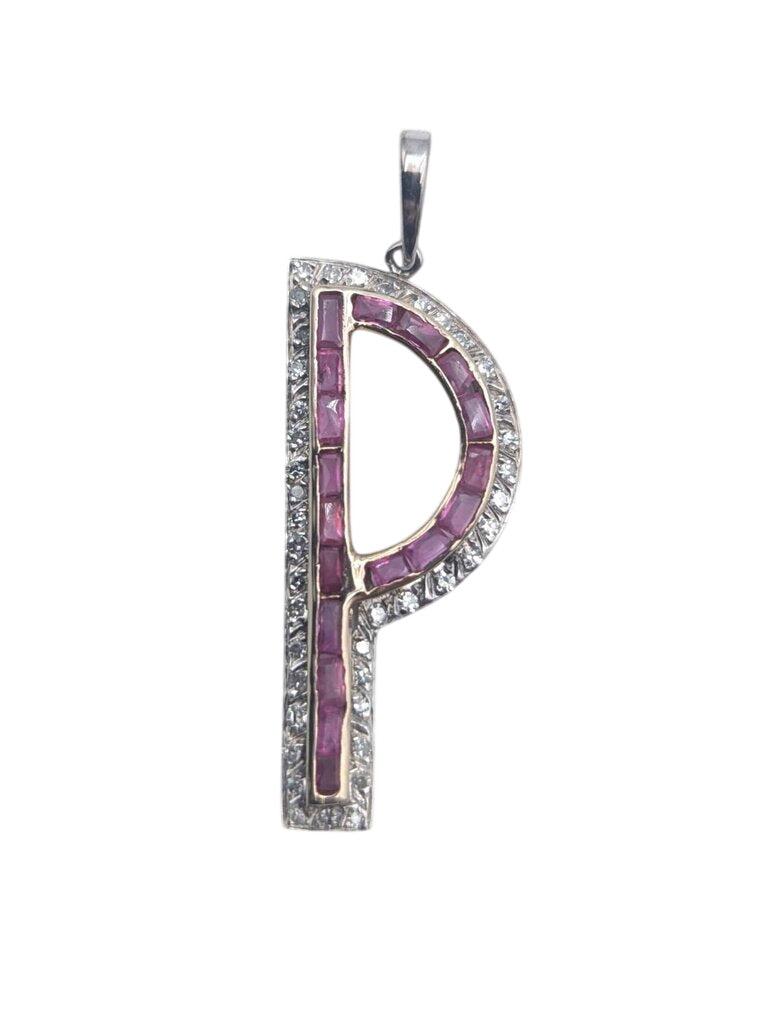 Pendant 'P' AG, AU, PD, CU w, Diamonds & Rubies