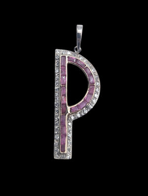 Pendant 'P' AG, AU, PD, CU w, Diamonds & Rubies