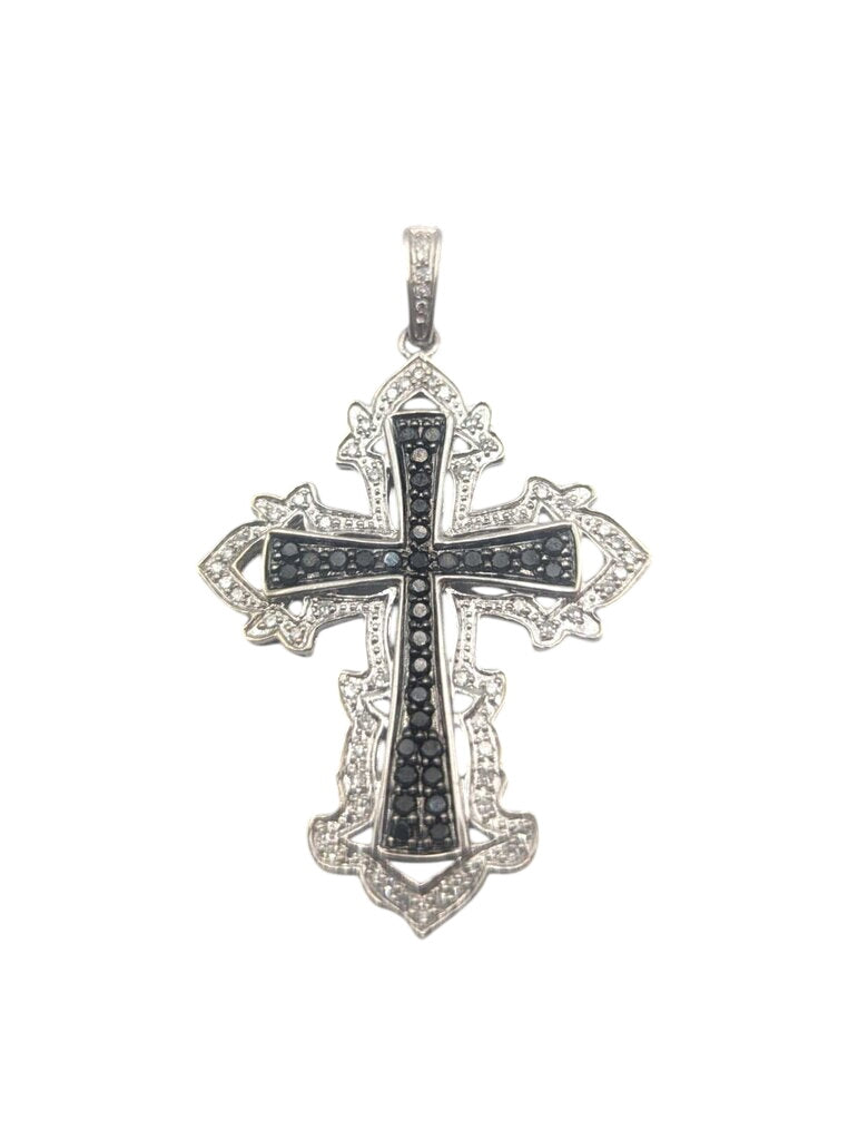 Pendant 14k White Gold Cross w/ Black & White Diamonds