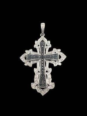 Pendant 14k White Gold Cross w/ Black & White Diamonds