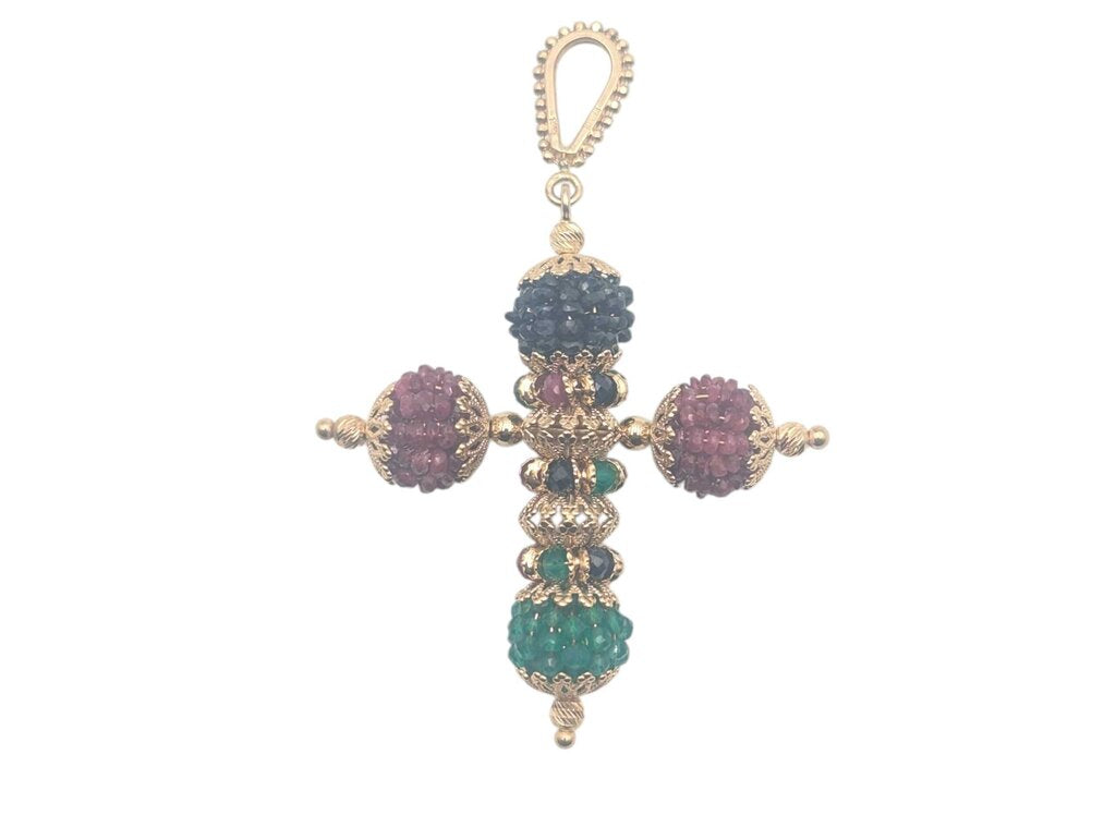 Pendant 14k Cross w/ Sapphires, Rubies, Emeralds