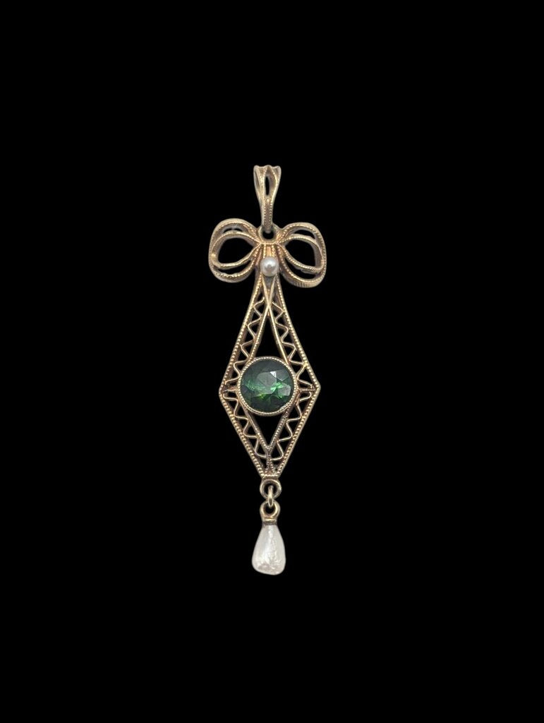 Pendant 14k Yellow Gold w/ Tourmaline & Pearls
