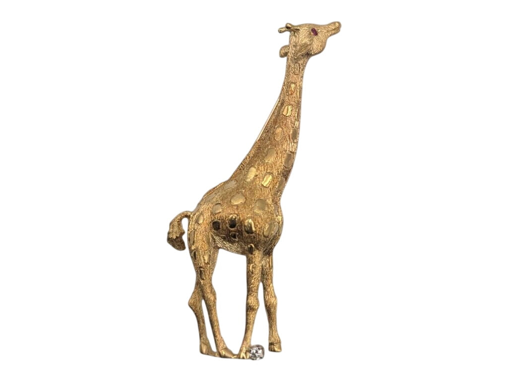 Brooch 18k Yellow Gold Giraffe w/ Diamond & Rubies