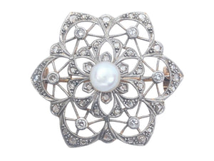 Brooch AU & PT Flower w/ Center Pearl & Diamonds