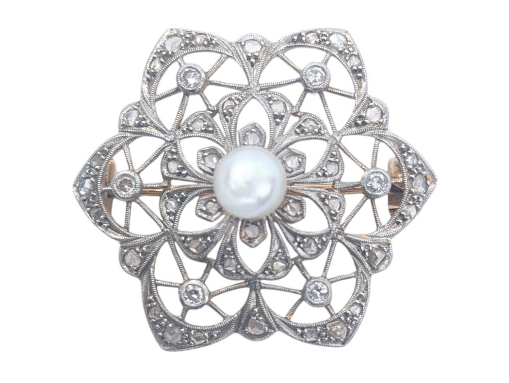 Brooch AU & PT Flower w/ Center Pearl & Diamonds