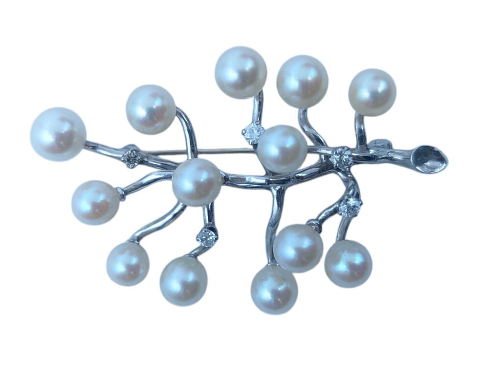 Brooch 14k White Gold Pearls & Diamonds