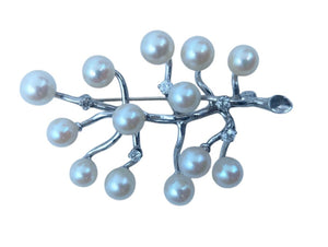 Brooch 14k White Gold Pearls & Diamonds