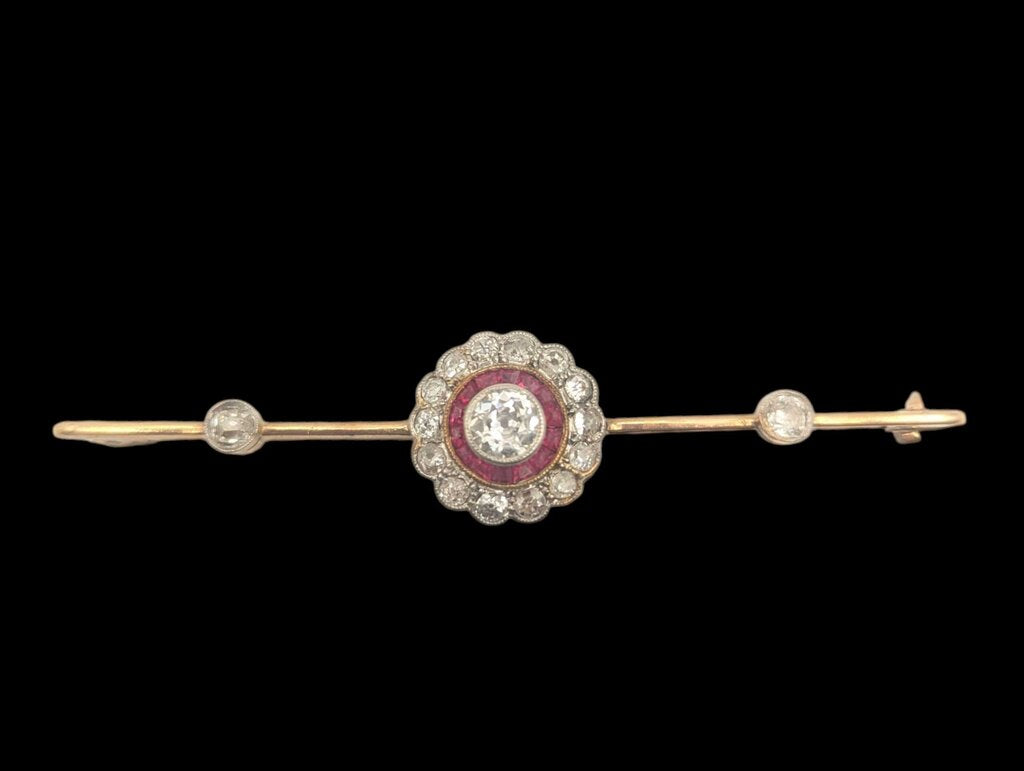 16k Pin Yellow & White Gold Flower w/ Rubies & Diamonds