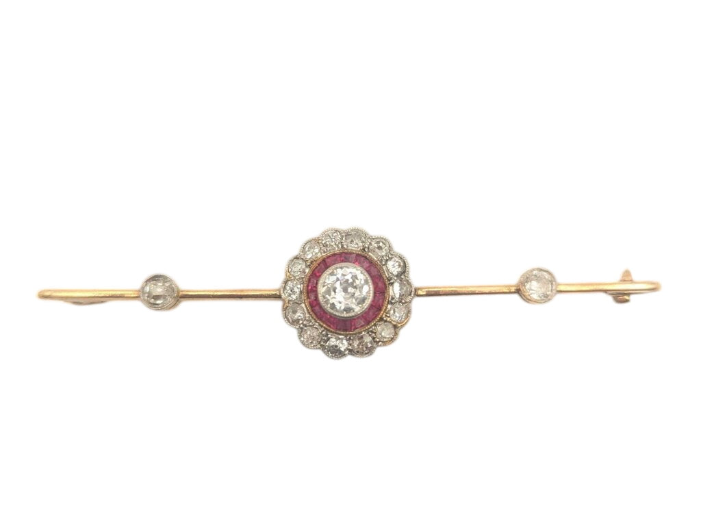 Pin 16k Yellow & White Gold Flower w/ Rubies & Diamonds