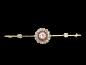 16k Pin Yellow & White Gold Flower w/ Rubies & Diamonds