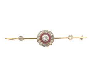 Pin 16k Yellow & White Gold Flower w/ Rubies & Diamonds