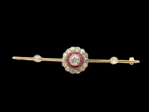Pin 16k Yellow & White Gold Flower w/ Rubies & Diamonds