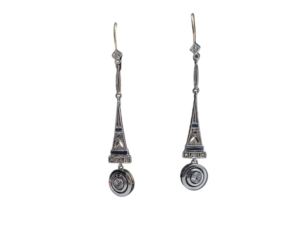 Earrings 18k White Gold Old Cut Diamonds & Sapphires