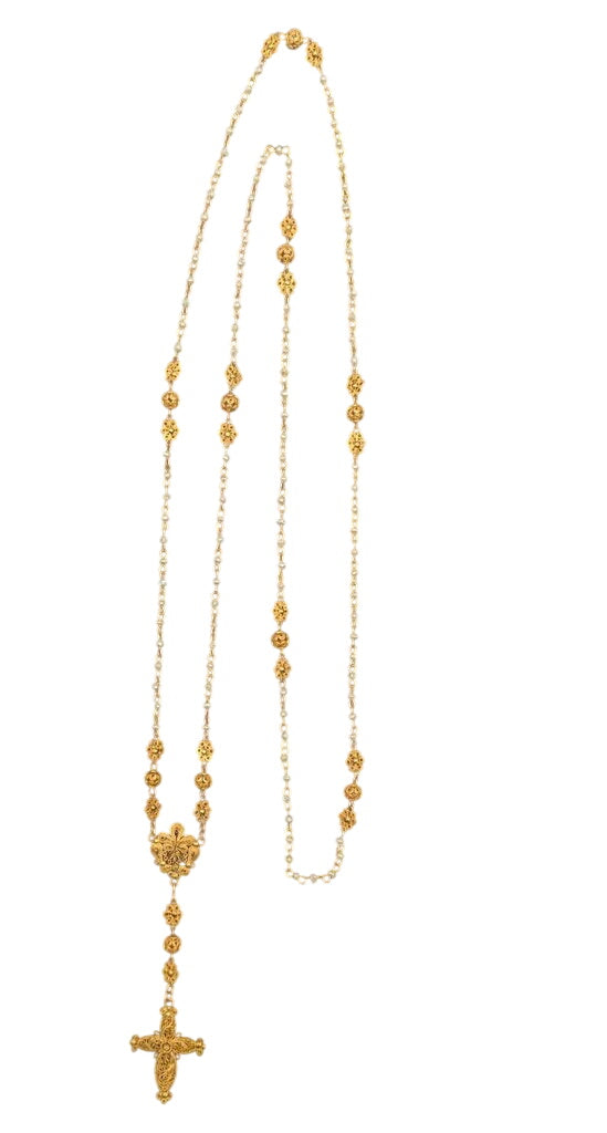 Necklace Rosary 14k Yellow Gold Filigree & Seed Pearls