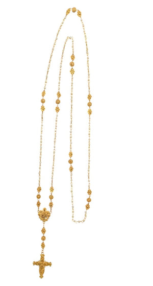 Necklace Rosary 14k Yellow Gold Filigree & Seed Pearls