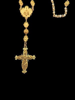Necklace Rosary 14k Yellow Gold Filigree & Seed Pearls