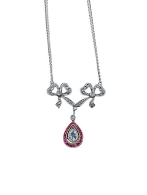 Necklace PT & AU Bows & Teardrop w/ Diamonds & Rubies