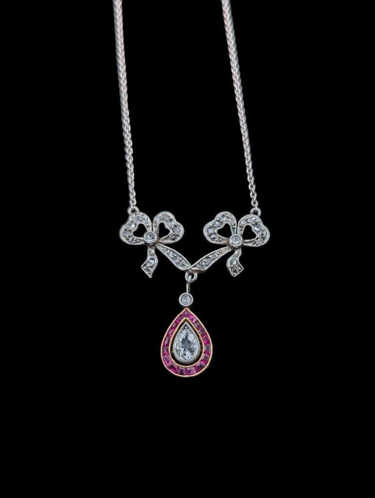 Necklace PT & AU Bows & Teardrop w/ Diamonds & Rubies