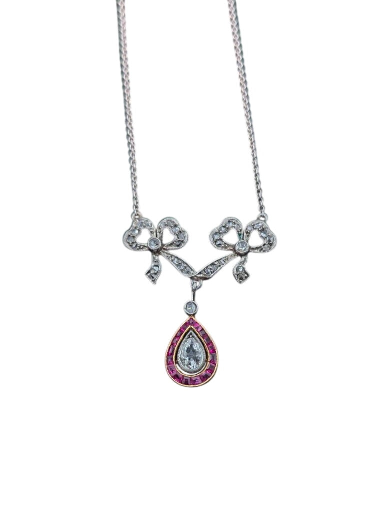 Necklace PT & AU Bows & Teardrop w/ Diamonds & Rubies