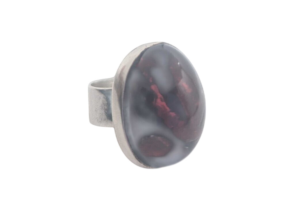 Ring Silver w/ Large Red Cabochon Stone Unknown
