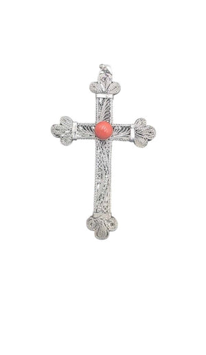 Pendant Silver Filigree Cross w/ Coral