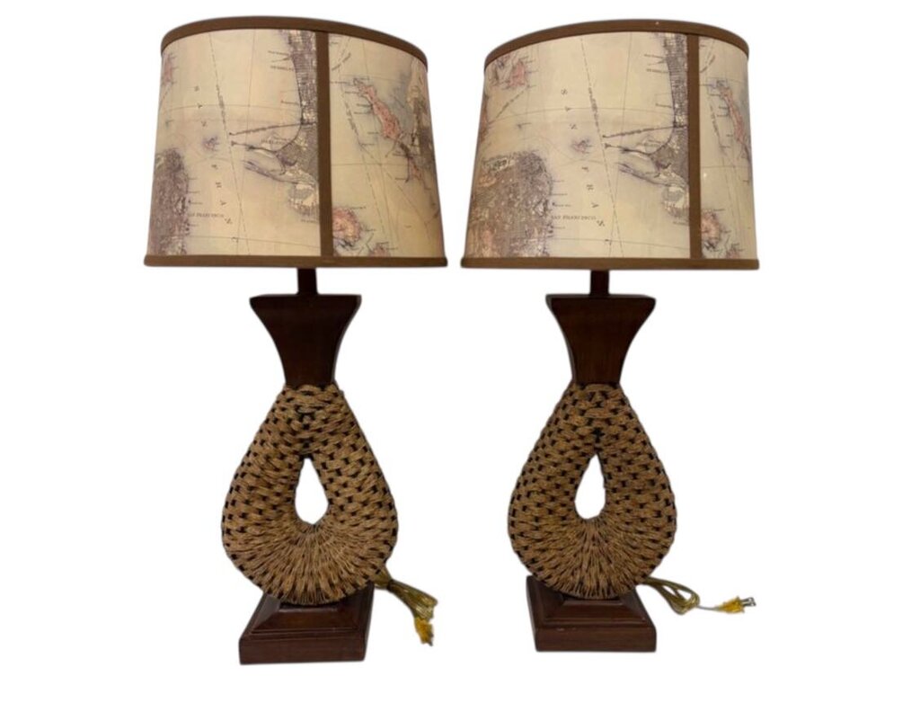 Mid Century Jute Wire Faux Wood Lamps PAIR