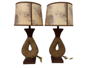 Mid Century Jute Wire Faux Wood Lamps PAIR