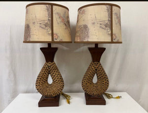 Mid Century Jute Wire Faux Wood Lamps PAIR