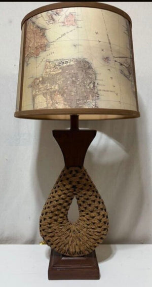 Mid Century Jute Wire Faux Wood Lamps PAIR