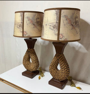 Mid Century Jute Wire Faux Wood Lamps PAIR