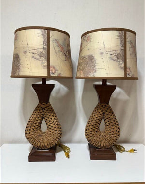 Mid Century Jute Wire Faux Wood Lamps PAIR