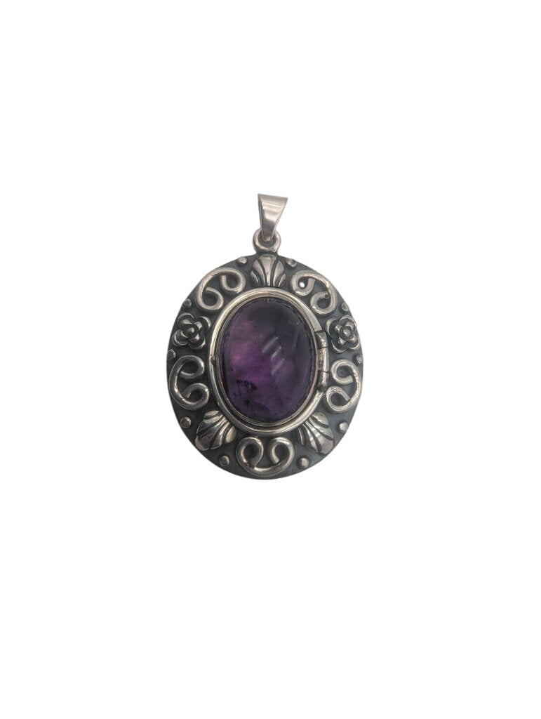 Pendant Sterling Silver w/ Locket & Amethyst Cab