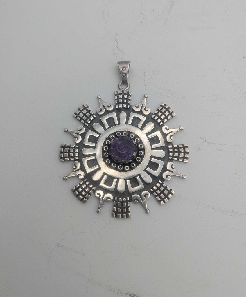 Pendant Sterling Silver w/ Carved Amethyst Mexico *LARGE*