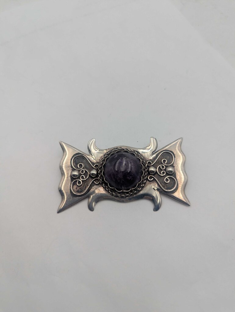 Brooch Sterling Silver w/ Amethyst Bow Shape