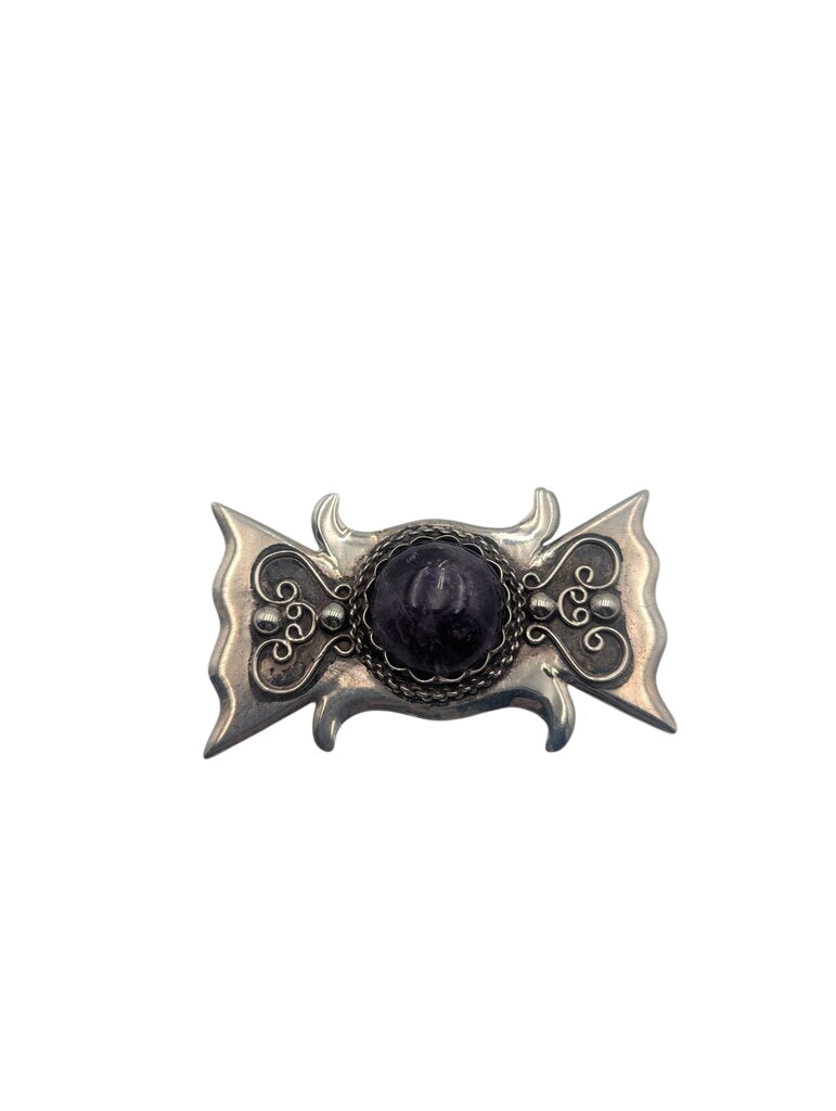 Brooch Sterling Silver w/ Amethyst Bow Shape