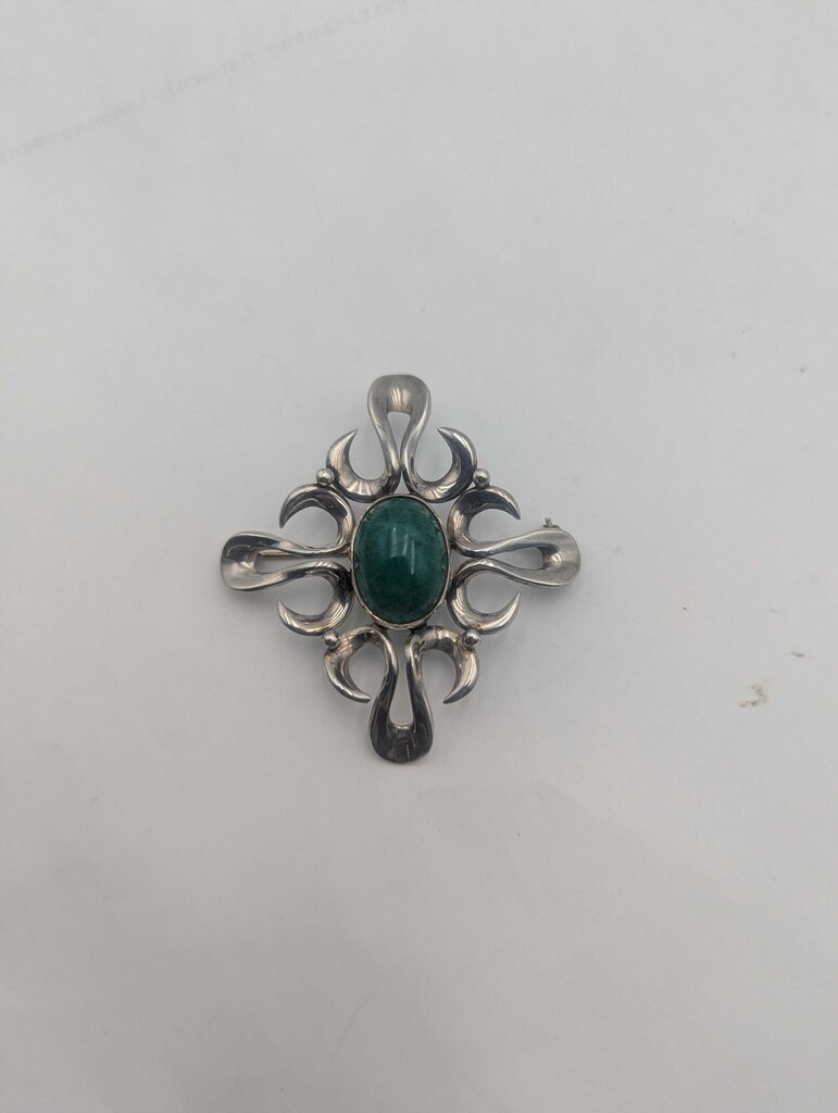 Brooch Sterling Silver w/ Green Stone Flower Shape
