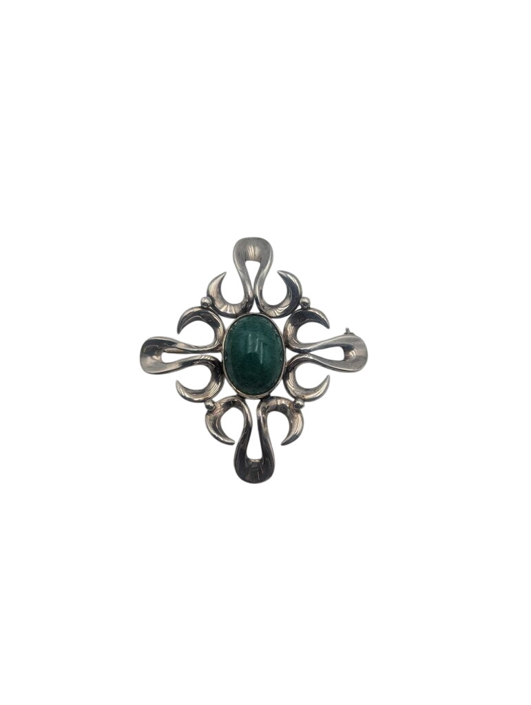 Brooch Sterling Silver w/ Green Stone Flower Shape