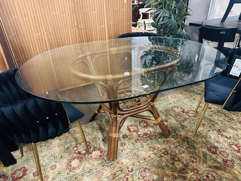Bamboo Base Oval Glass Top Dining Table