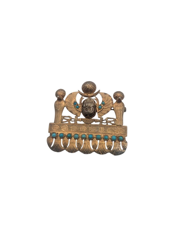 Brooch Gold Plated Silver Egypt w/ Turquoise & Bronze