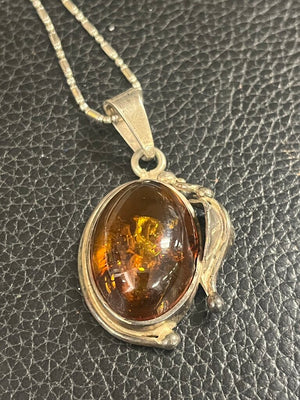 Amber Cabochon Sterling Setting + Bar & Bead Chain