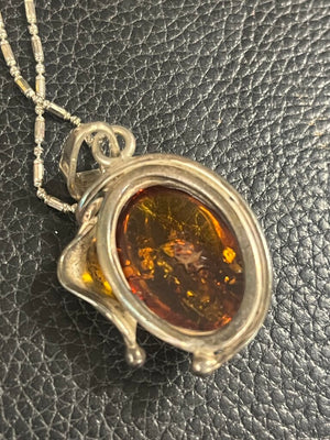 Amber Cabochon Sterling Setting + Bar & Bead Chain
