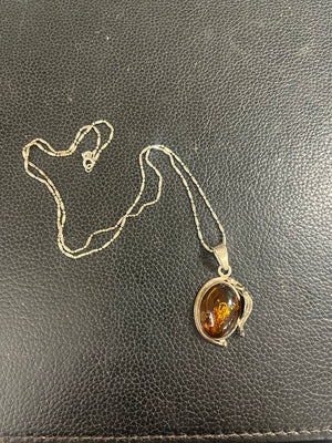 Amber Cabochon Sterling Setting + Bar & Bead Chain