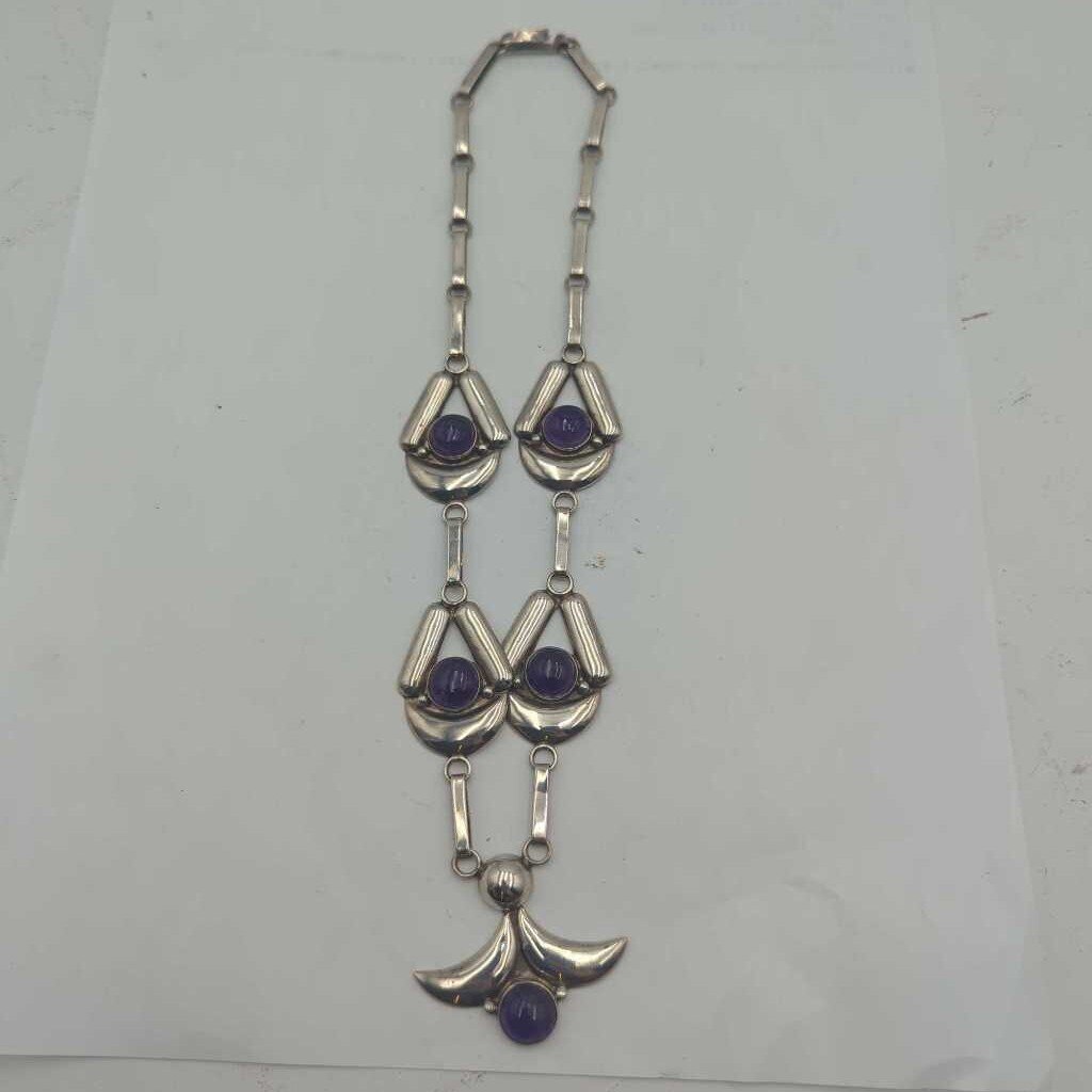 Necklace Sterling Silver w/ Multiple Amethyst Cabs