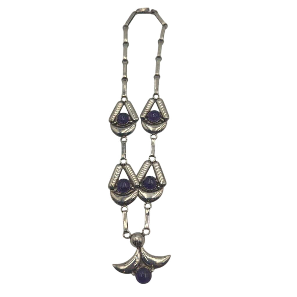 Necklace Sterling Silver w/ Multiple Amethyst Cabs
