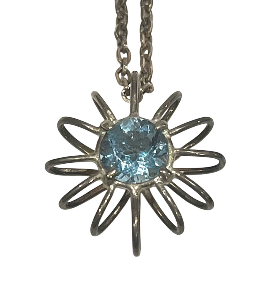 Sterling Silver Starburst Aquamarine Pendant + Chain