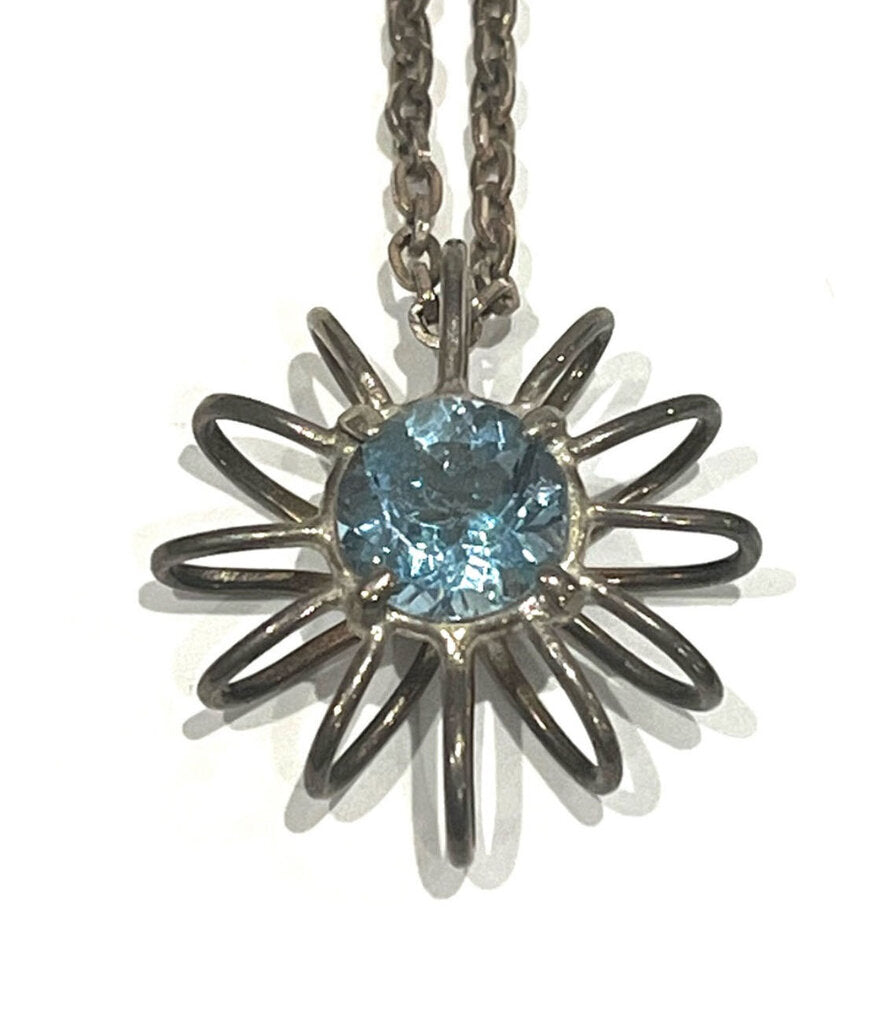 Sterling Silver Starburst Aquamarine Pendant + Chain
